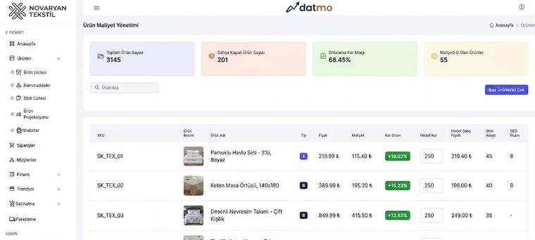 Datmo ürün maliyeti ve kâr marjı ekranı