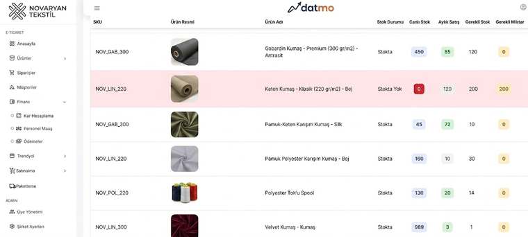Datmo canlı stok ve gereken miktar ekranı