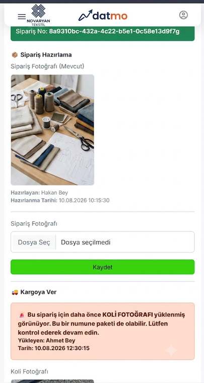 Datmo mobil sipariş hazırlama ve fotoğraflı paket kontrolü ekranı