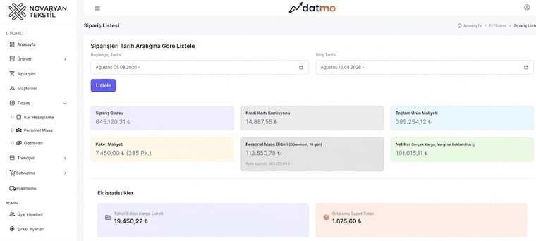 Datmo sipariş cirosu, maliyetler ve net kâr ekranı